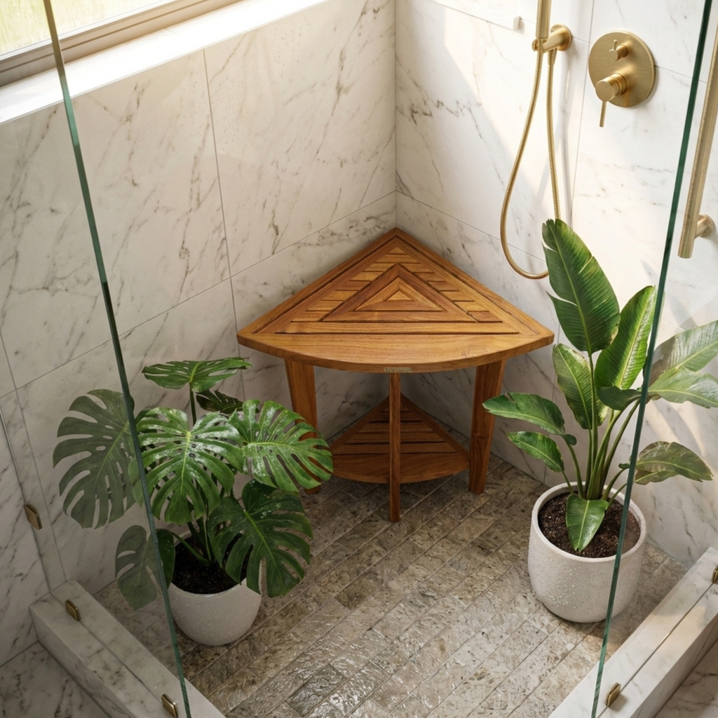 Corner shower wooden shelf