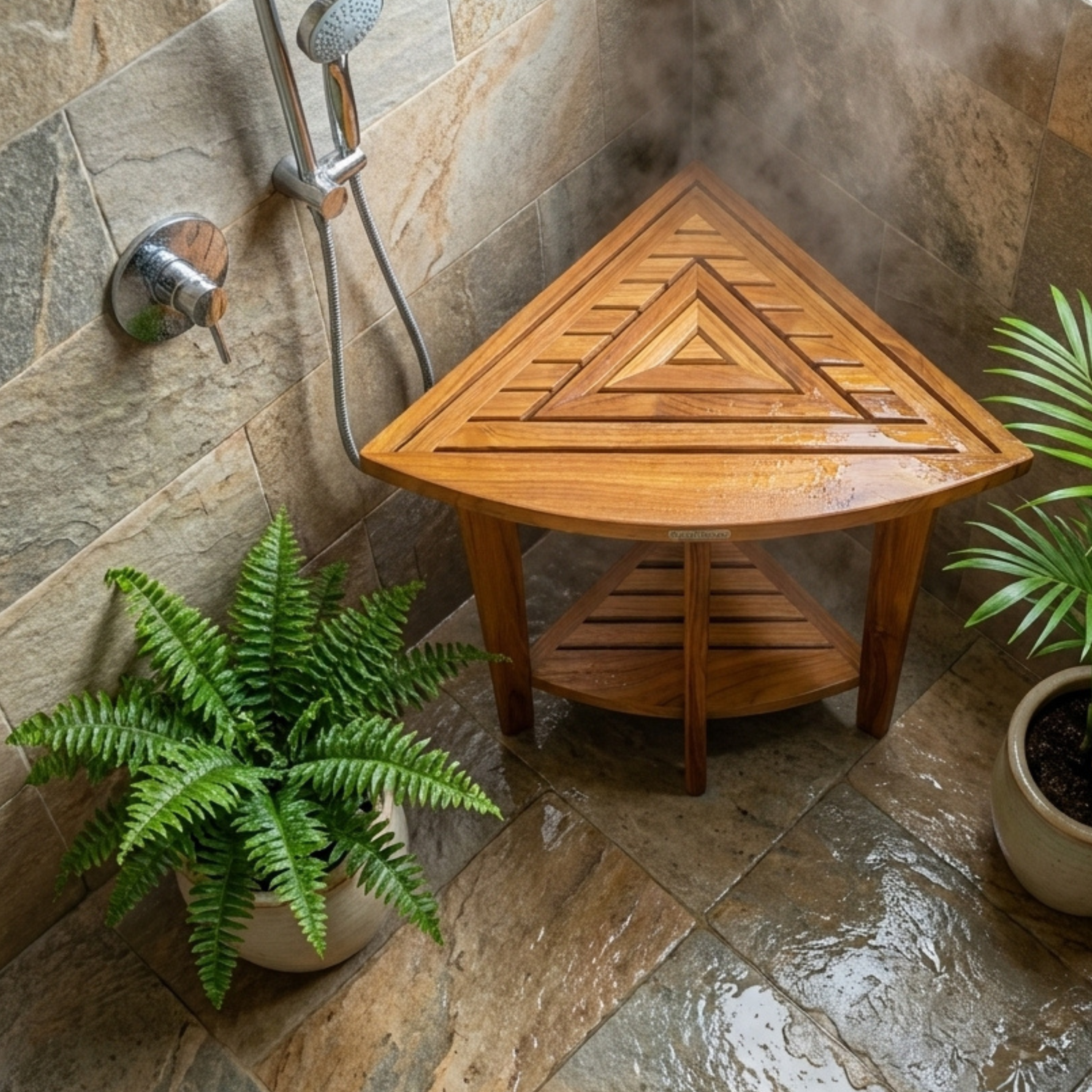 Stylish Teak Corner Shower Bench, Extra Tall, Leveling Feet, Waterproof, Teak Oil Finish, 24x30x17, use also as end table, night stand, plant display