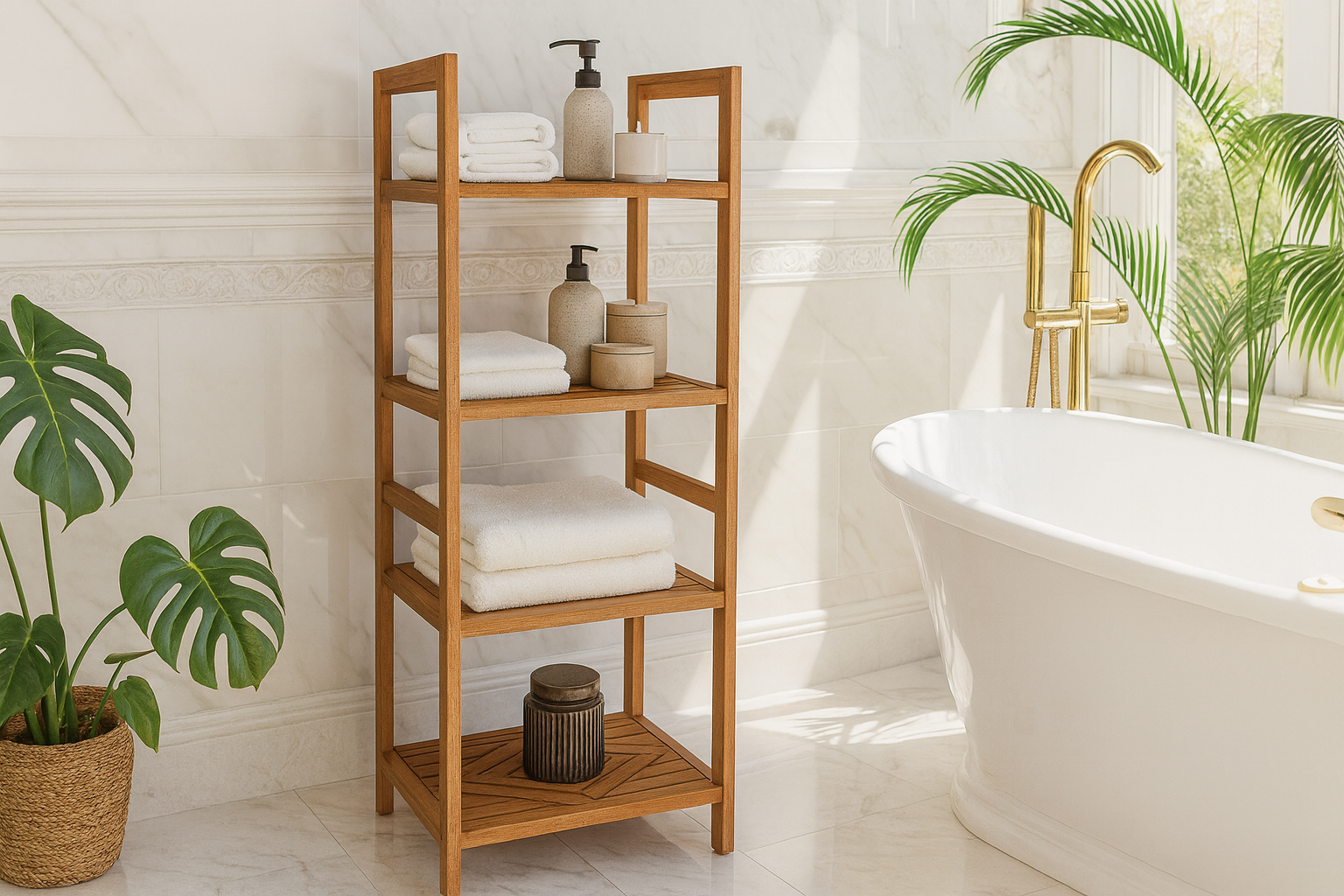Slightly narrower teak rack with more bathtub visible