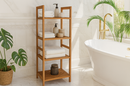 Slightly narrower teak rack with more bathtub visible