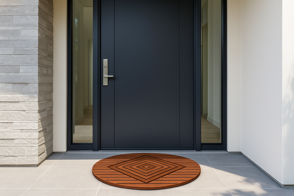 Smaller teak mat positioned very close to the door