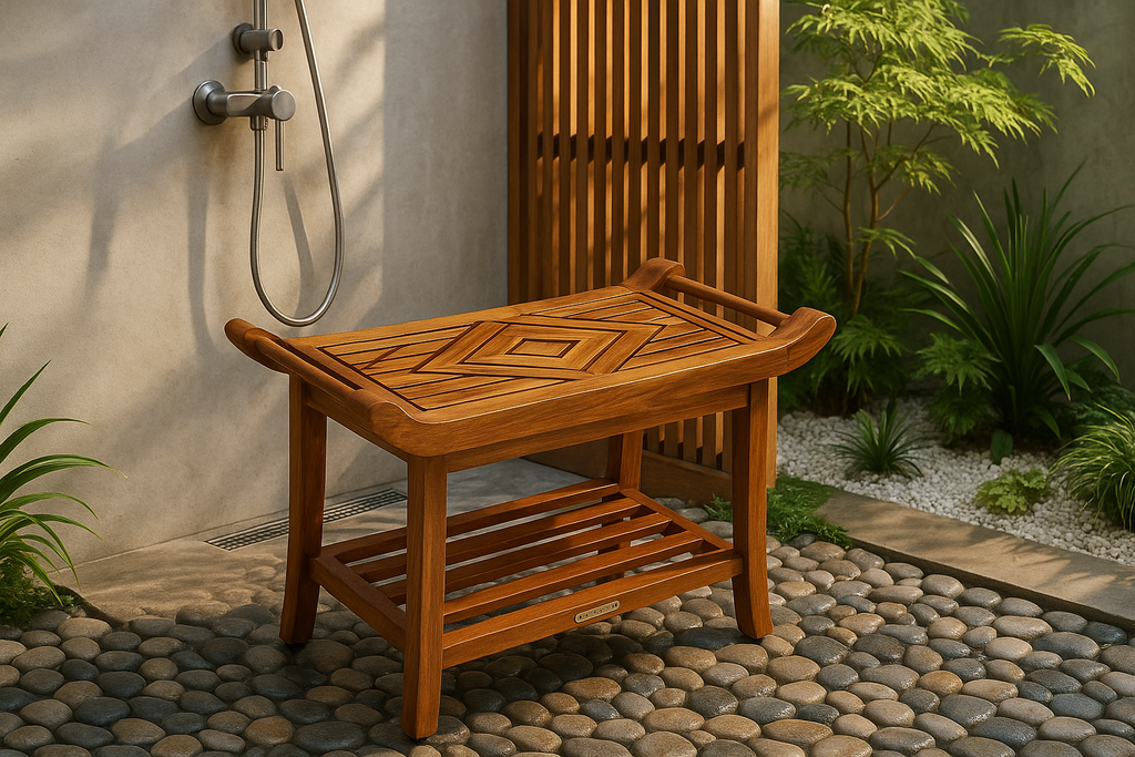 Teak Culture shower bench in another unique outdoor shower