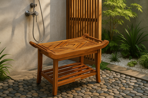 Teak Culture shower bench in another unique outdoor shower
