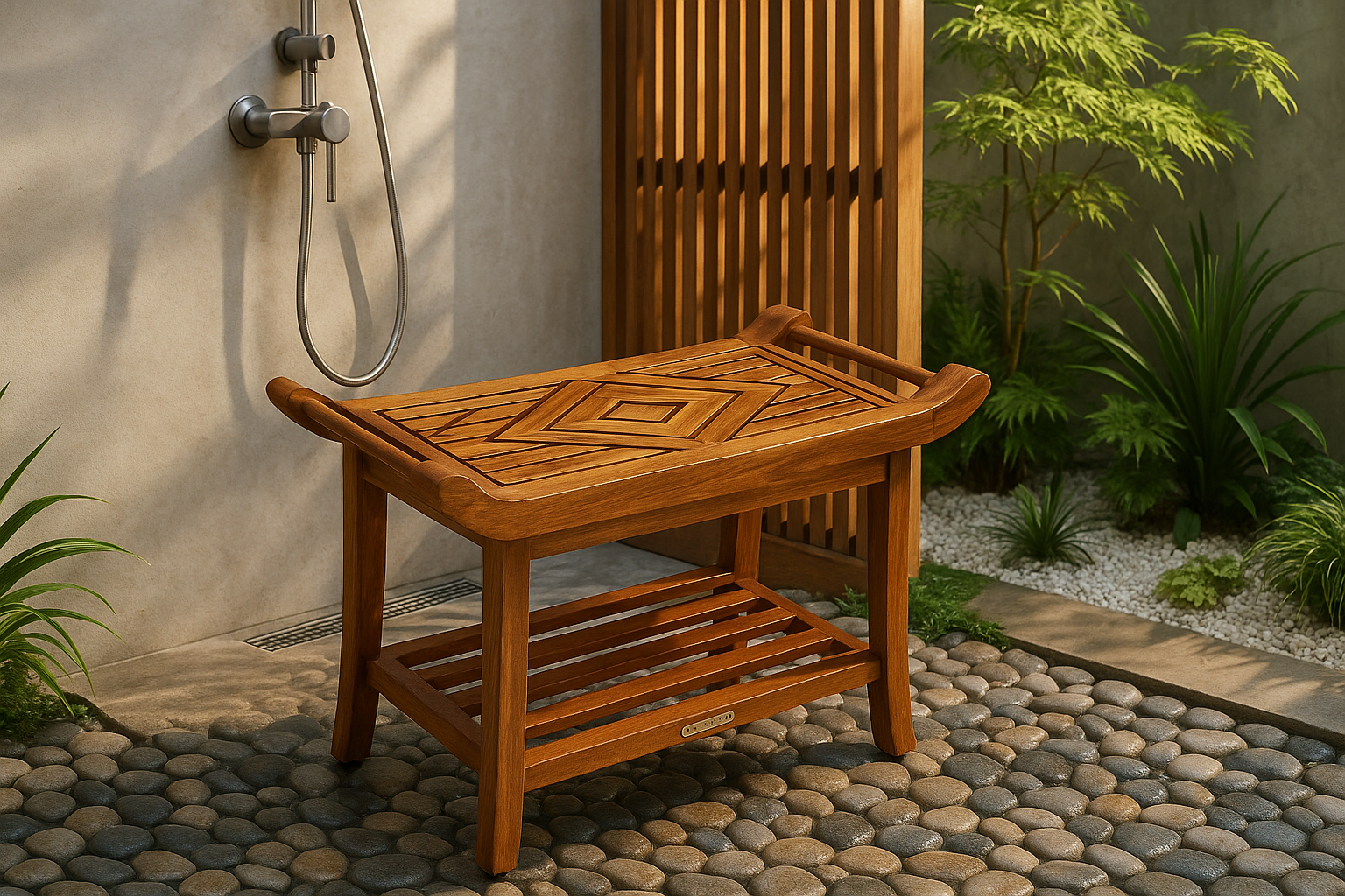 Teak Culture shower bench in another unique outdoor shower