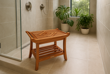 Load image into Gallery viewer, Teak Culture shower bench in luxurious shower with plants at far end
