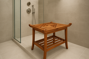 Teak Culture shower bench in windowless modern shower