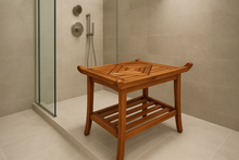 Load image into Gallery viewer, Teak Culture shower bench in windowless modern shower
