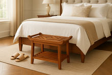 Load image into Gallery viewer, Teak Culture shower bench smaller and closer to bed
