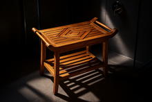 Load image into Gallery viewer, Teak Culture shower bench with dramatic lighting
