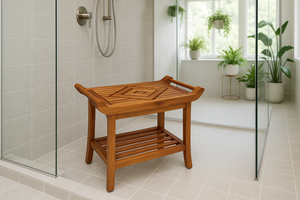 Teak Culture shower bench with plants outside shower