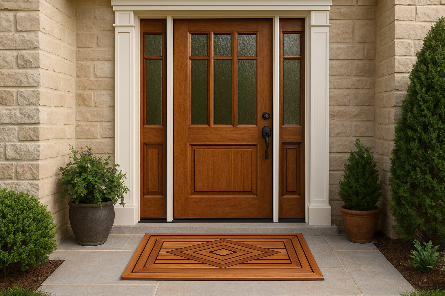 Teak mat at traditional front door