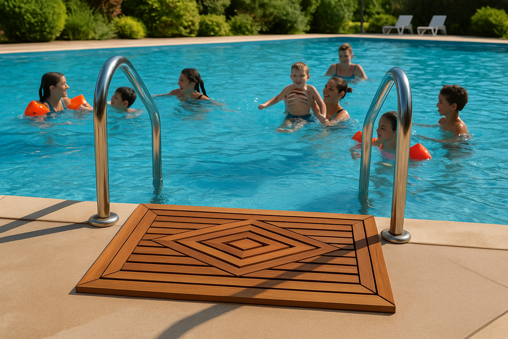 Teak mat positioned at pool steps with families enjoying the water