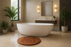 Teak mat positioned close to bathtub with decorative plants in luxury bathroom