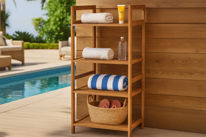 Teak rack with 4 shelves against wall on pool deck
