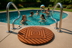 Teak shower mat 12 inches from pool edge between handrails
