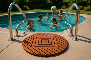 Teak shower mat 12 inches from pool edge between handrails
