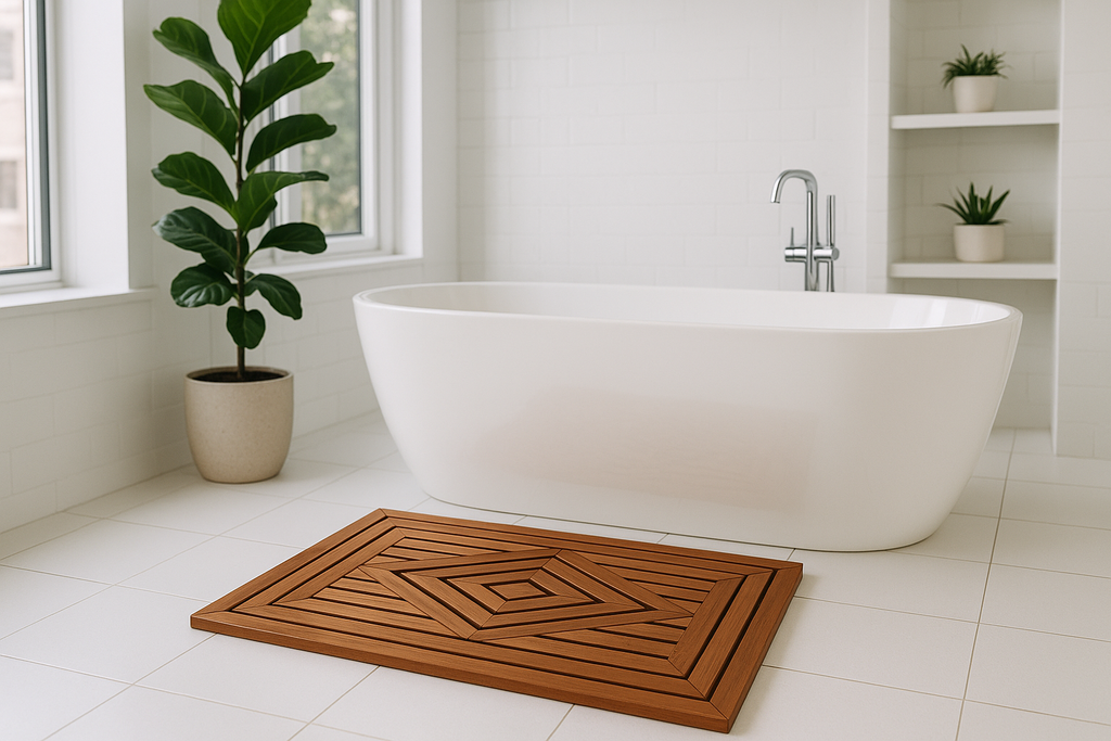 Teak shower mat in luxurious bathroom