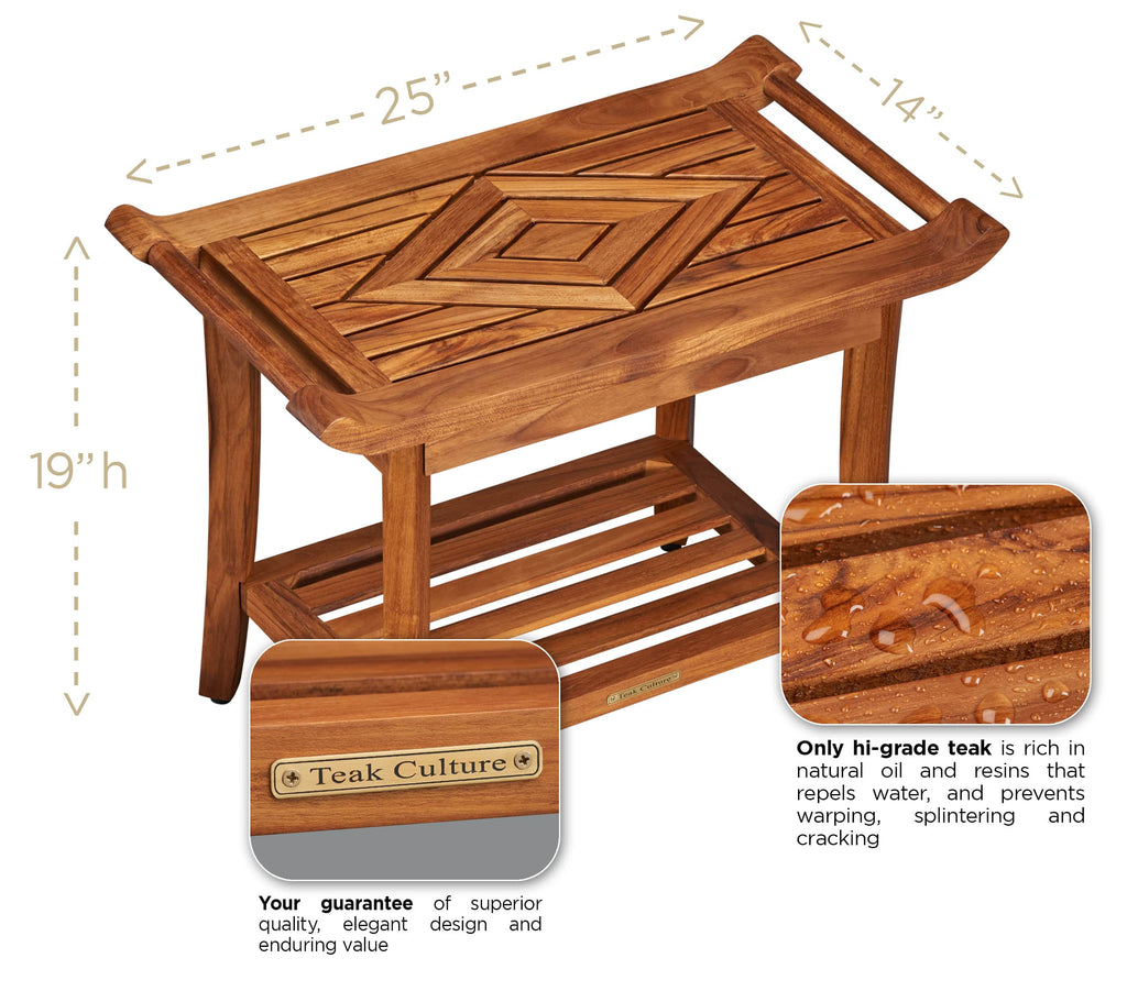 Luxury Teak Shower Bench Stool Seat with Leveling Feet, Waterproof, Teak Oil Finish, 25x19x14 for Bathroom, Spa, Sauna, Pool Deck, Patio, Garden, RV