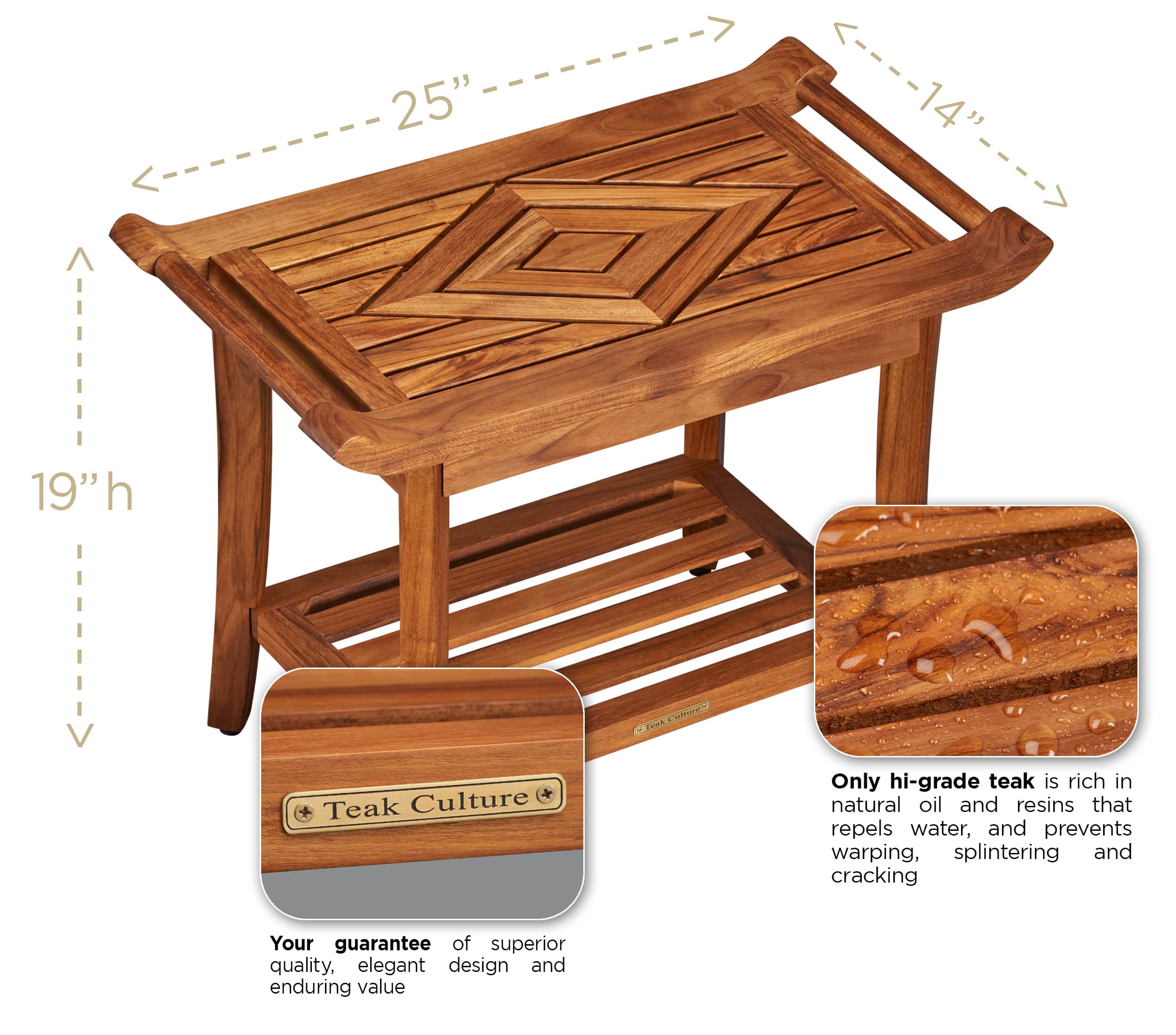 Luxury Teak Shower Bench Stool Seat with Leveling Feet, Waterproof, Teak Oil Finish, 25x19x14 for Bathroom, Spa, Sauna, Pool Deck, Patio, Garden, RV