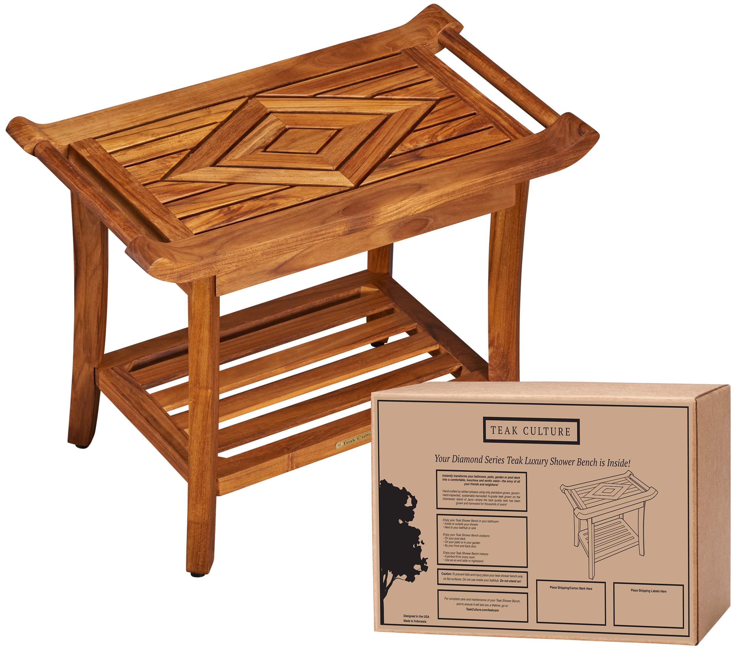 Luxury Teak Shower Bench Stool Seat with Leveling Feet, Waterproof, Teak Oil Finish, 25x19x14 for Bathroom, Spa, Sauna, Pool Deck, Patio, Garden, RV