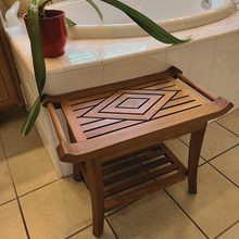 Load image into Gallery viewer, Luxury Teak Shower Bench Stool Seat with Leveling Feet, Waterproof, Teak Oil Finish, 25x19x14 for Bathroom, Spa, Sauna, Pool Deck, Patio, Garden, RV
